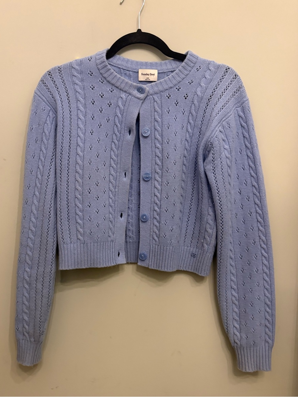 Aritzia Sunday Best Light baby Blue Cable Knit Cropped Cardigan Sweater